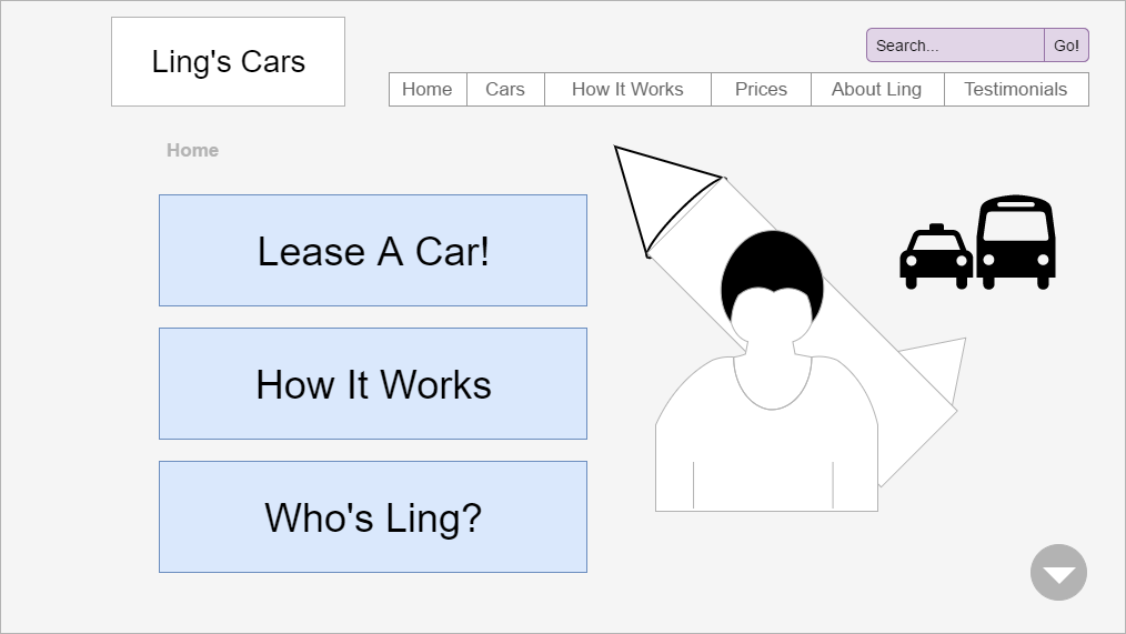 an image showing a low fidelity wire-frame of Ling's desktop website