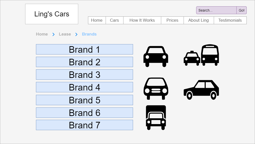 an image showing a low fidelity wire-frame of Ling's desktop website