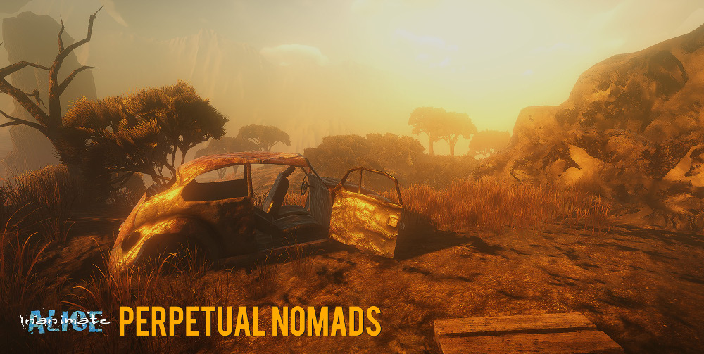 an image depicting the starting scene of the perpetual nomads game, which is a scene in the dessert with a broken down car