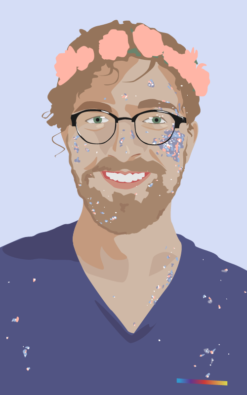 A vector drawing of Austin, covered in glitter after attending a Pride parade