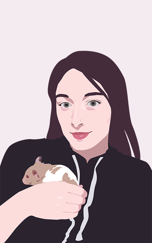A vector drawing of Ginger holding a hamster