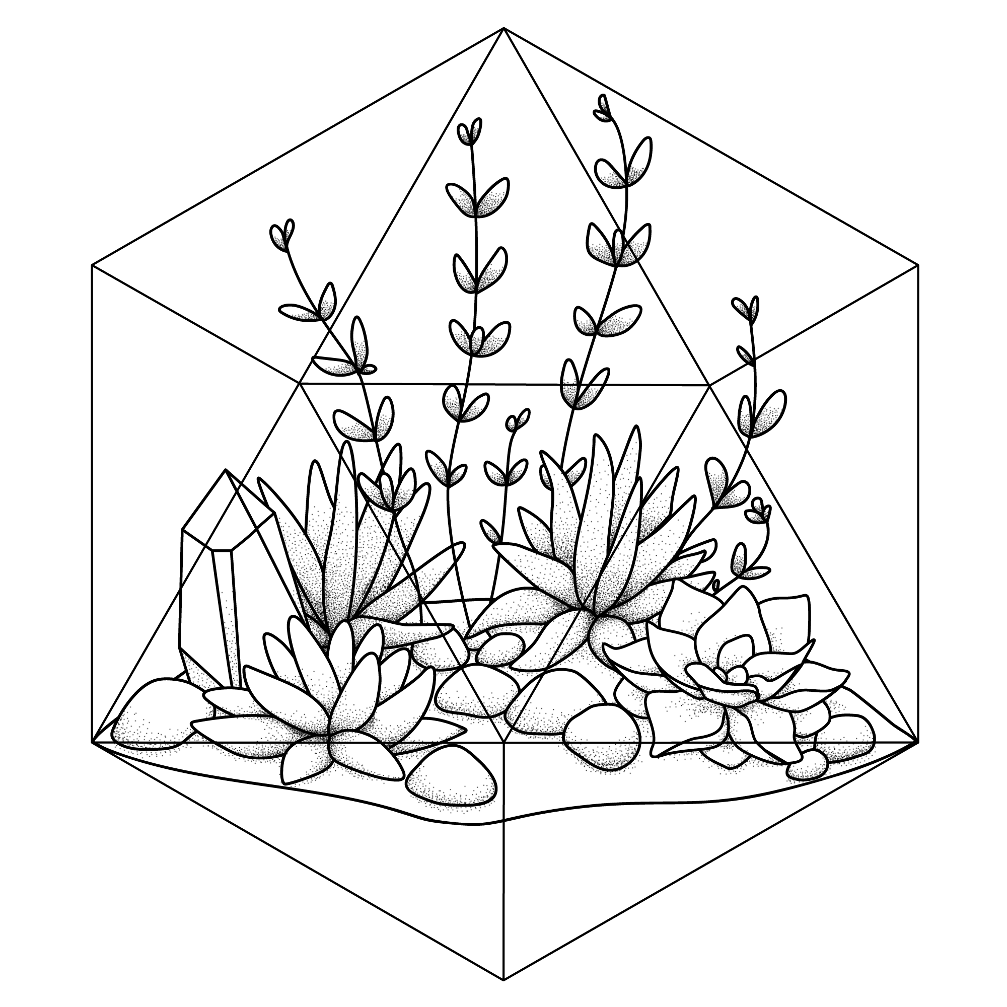 A tattoo design featuring succulents in a transparent 20-sided die.