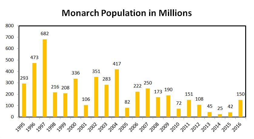 A chart that shows the Monarch butterfly poplation by year.