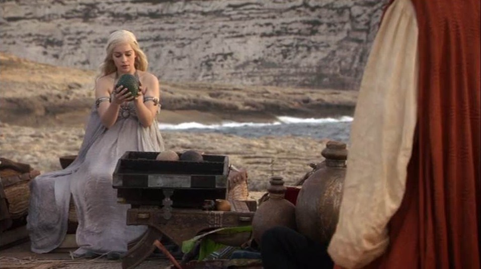 Daenerys with her dragon eggs.