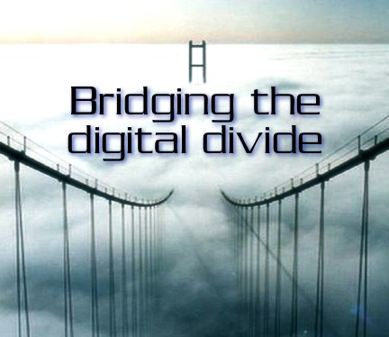 bridge into the clouds with the text bridging the digital divide