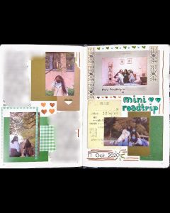 Pages of log book. Contains photos, deco paper, blurred out writing.