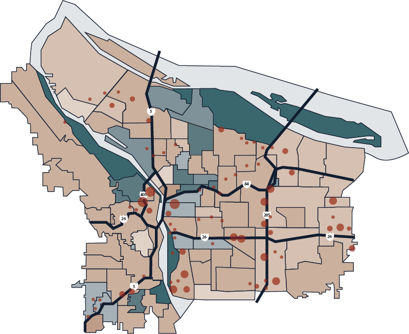 Map of Portland with circles indicating homeless population density