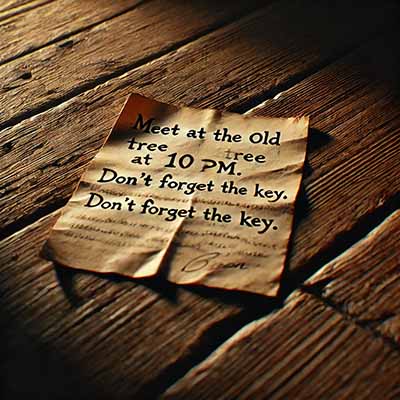 Note found behind boxes mentioning a secret meeting at the old tree