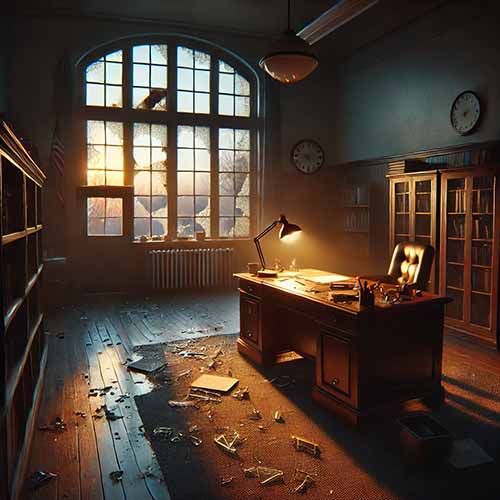 Broken Office Window with Footprints