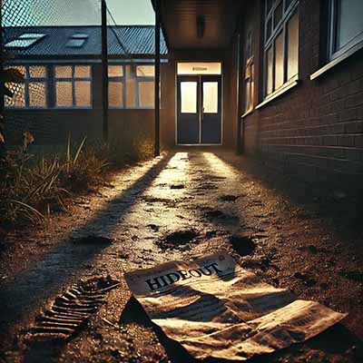 Footprints leading to a school back door where a crumpled paper with the word 'hideout' lies on the ground