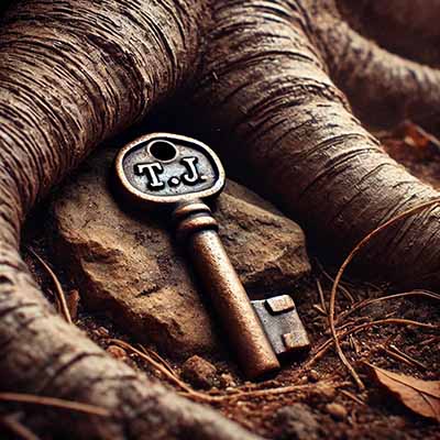 Rusty key engraved with the initials 'T.J.' lying under a rock beside the roots of an old tree
