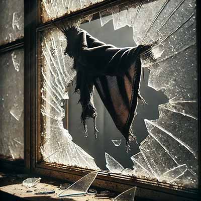 Broken window with a piece of dark fabric caught on the glass