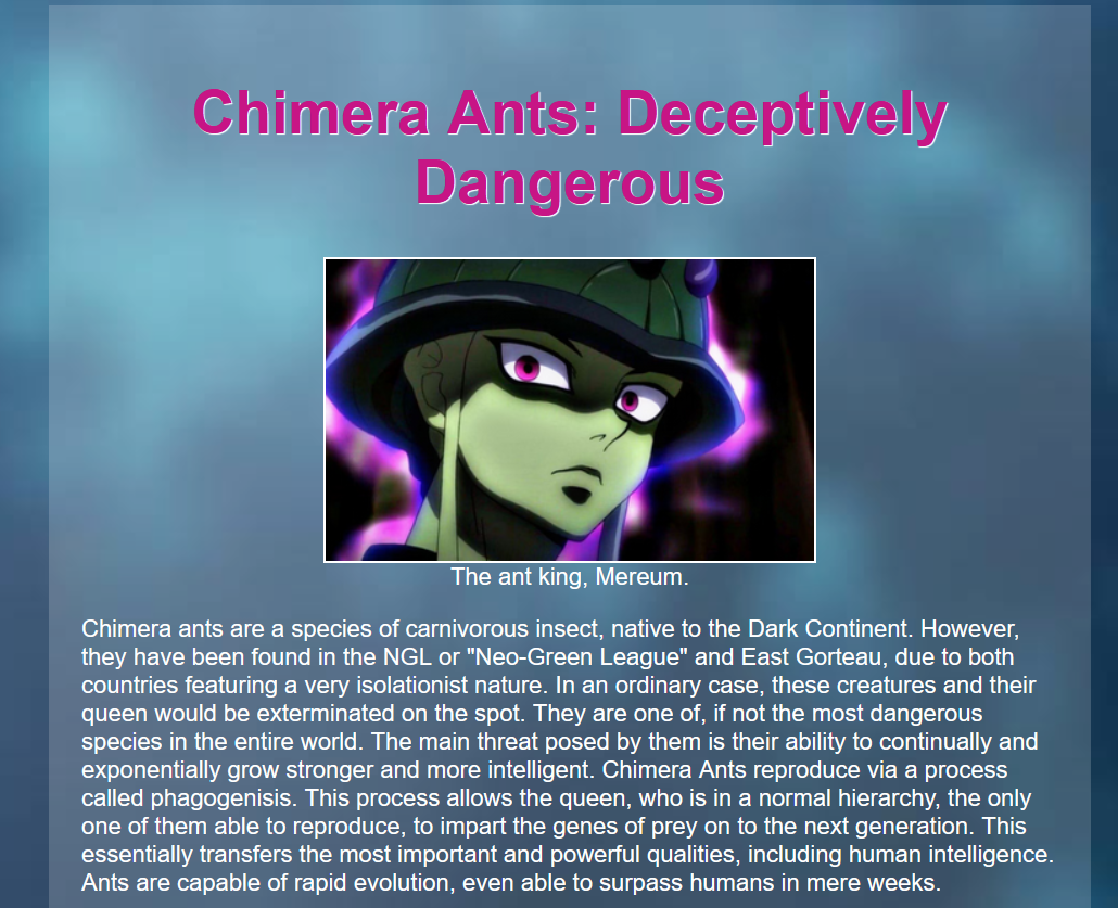 A snippet of my Info Card page.