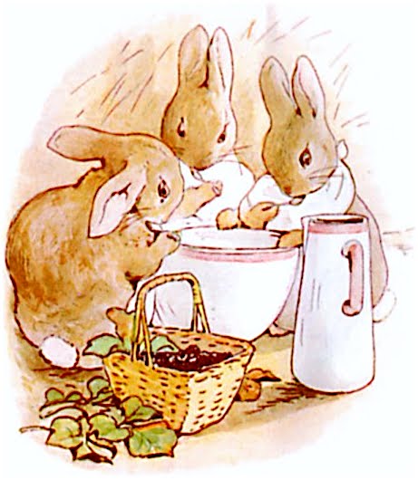 Rabbits eating bread, milk, and blackberries for supper