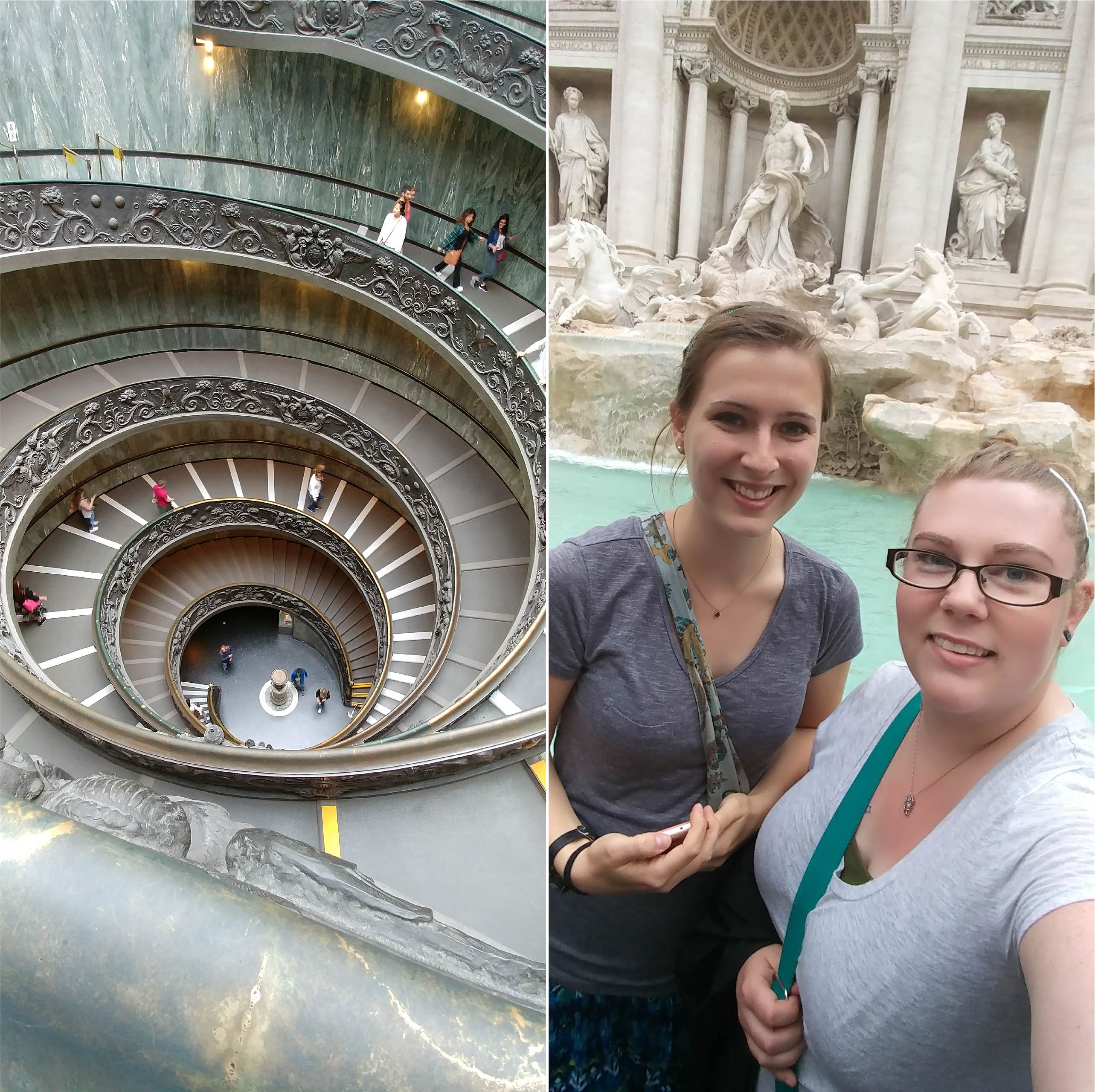 Us at Trevi fountain and stairs in Sisten chapel