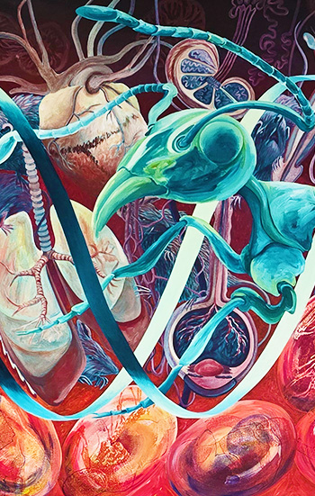 Surreal art blending elements of anatomy with a large turquoise ant