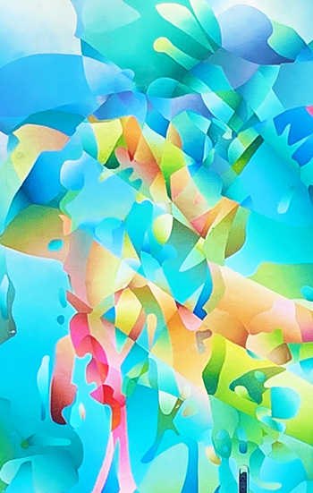 Abstract art with layered, colorful shapes in a fluid, organic composition.
