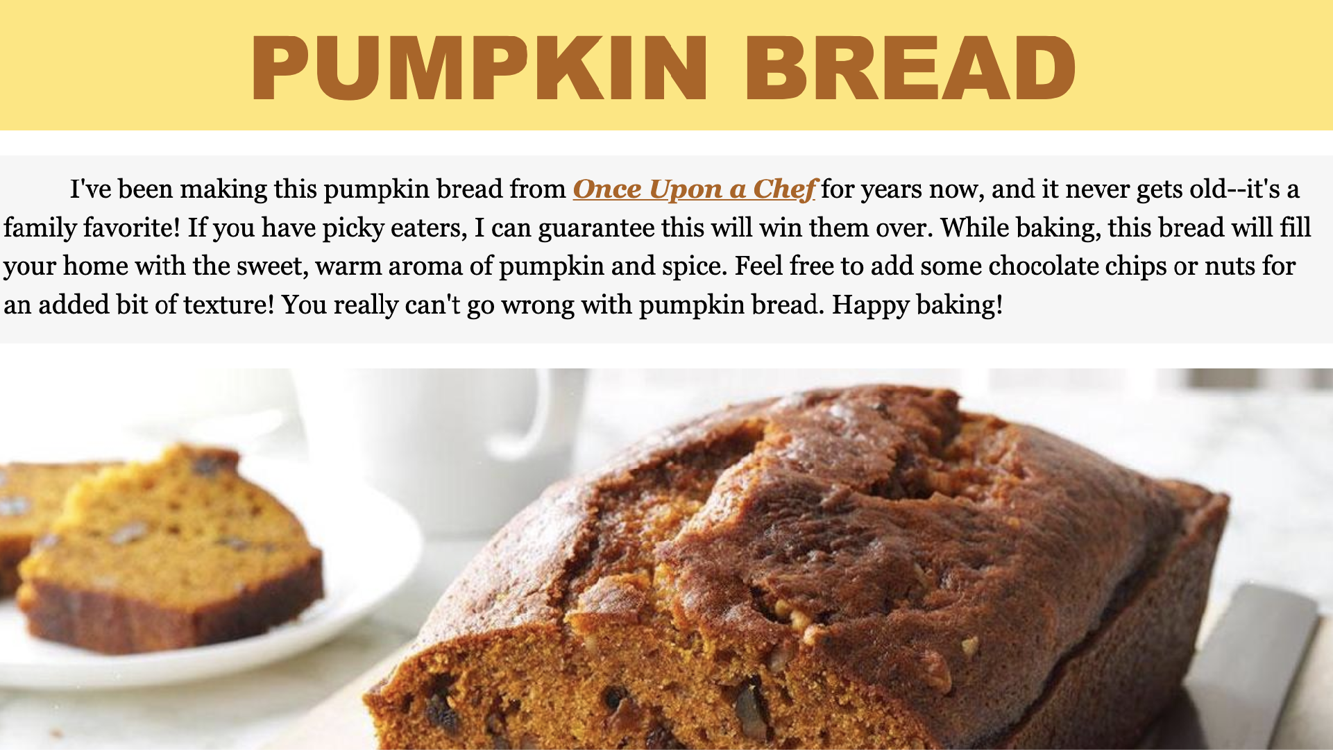Screenshot of Pumpkin Bread Recipe website