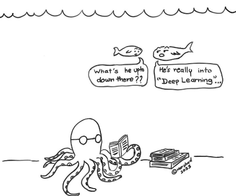 An octopus reading books while fish talk about it.