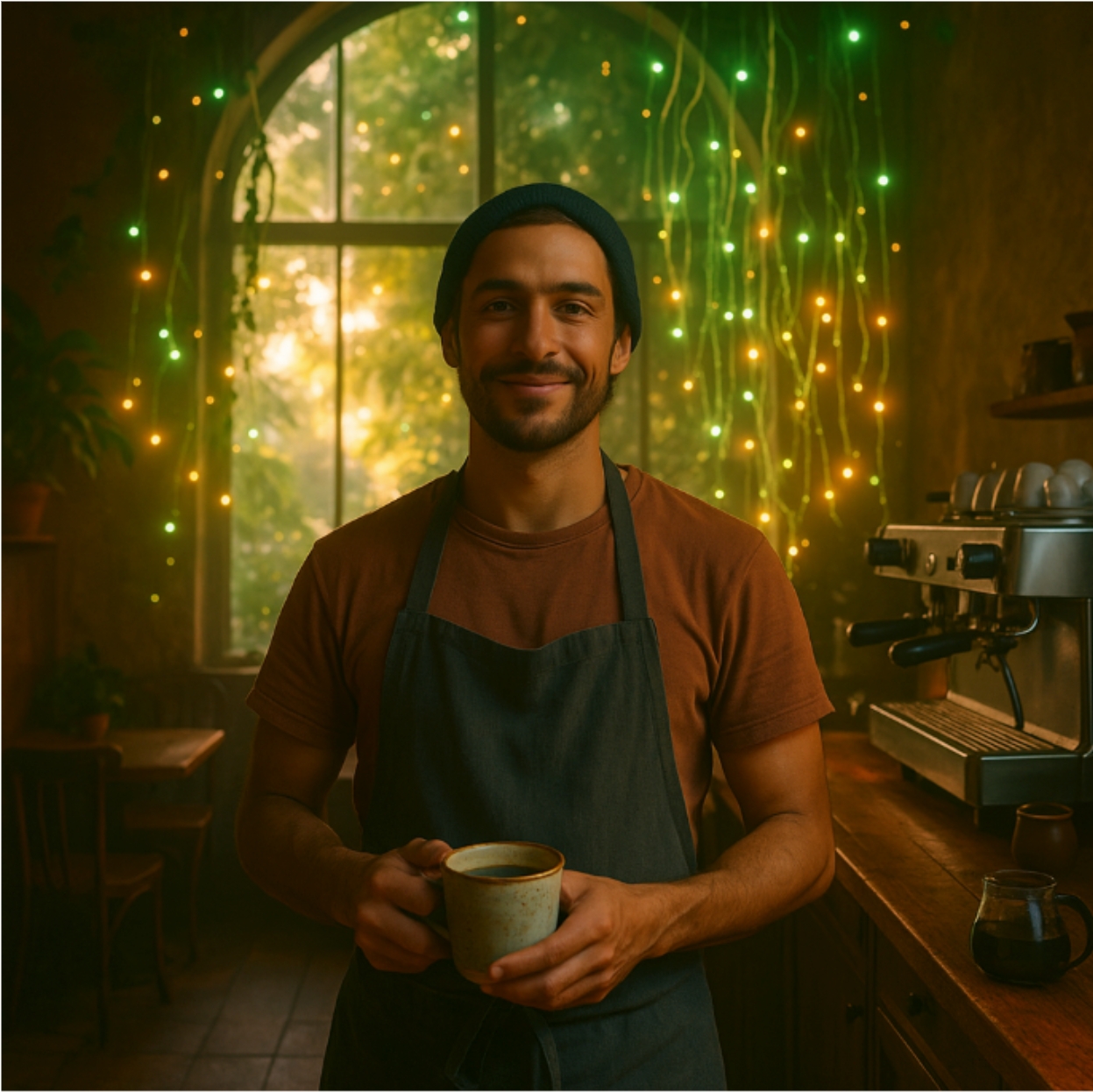 Léo Navarro holds a cup of freshly-brewed coffee