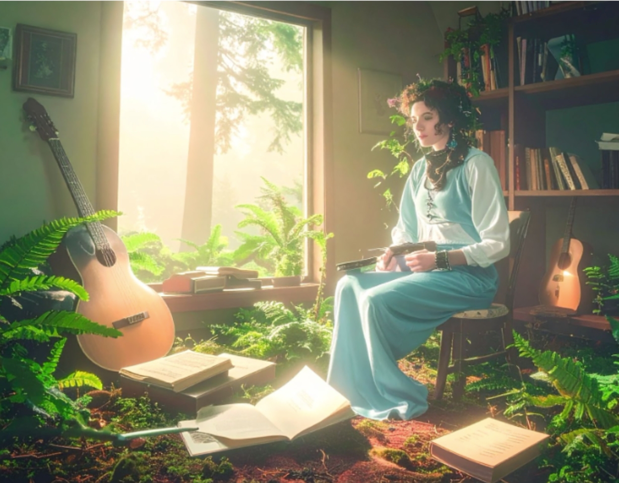 Mara sits by her guitar