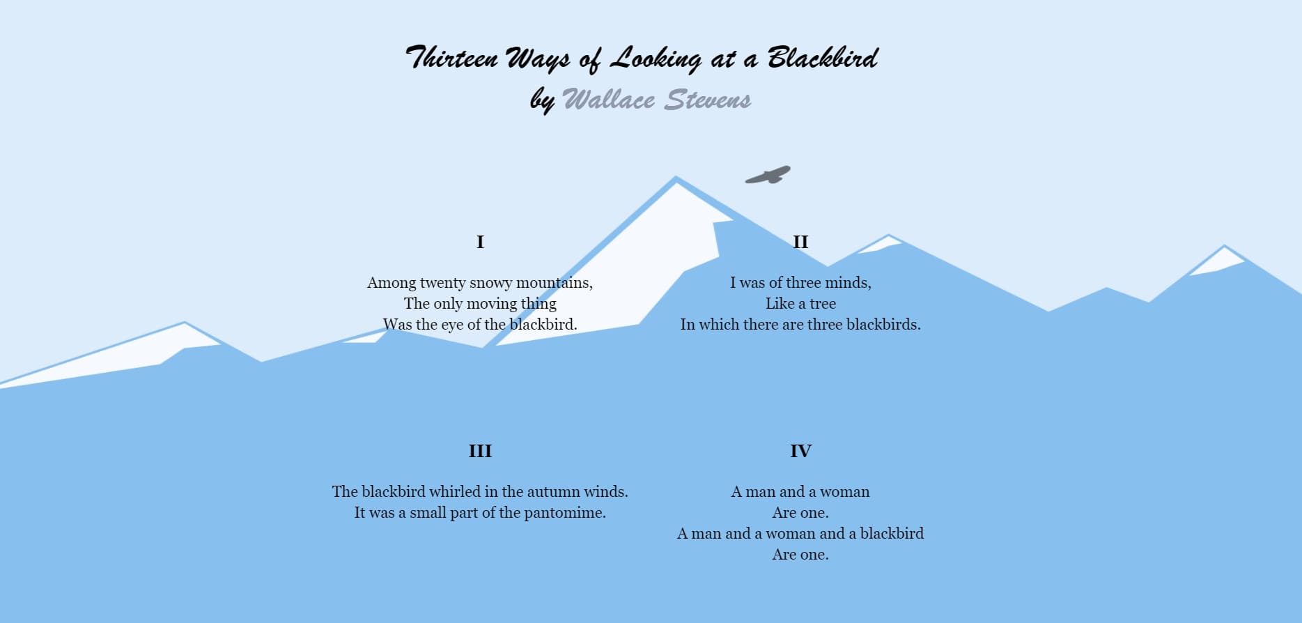 A screenshot and link to a website designed by Charley McNealy for the poem Thirteen Ways of Looking at a Blackbird