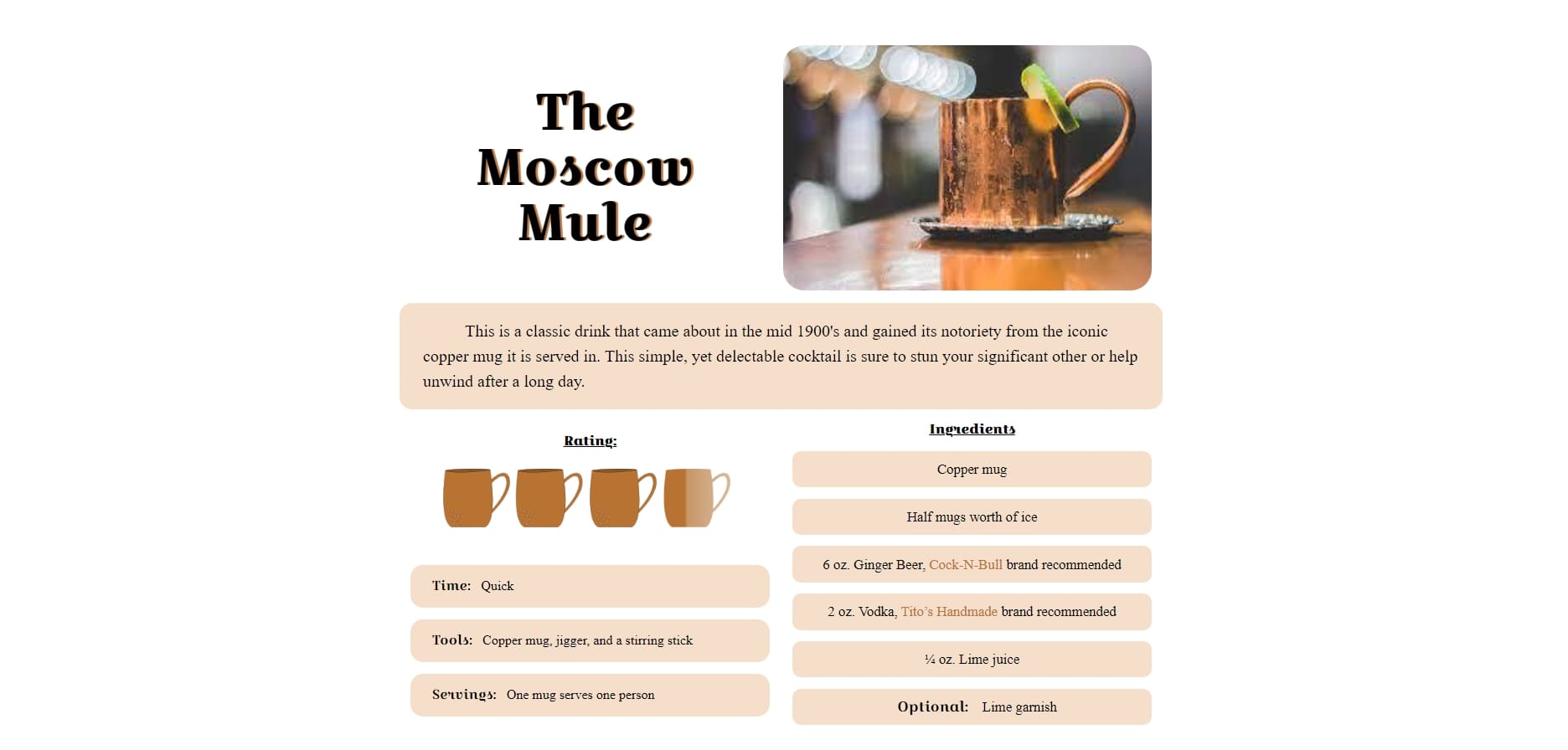 A screenshot and link to a webiste with instructions on how to make a delicous Moscow Mule