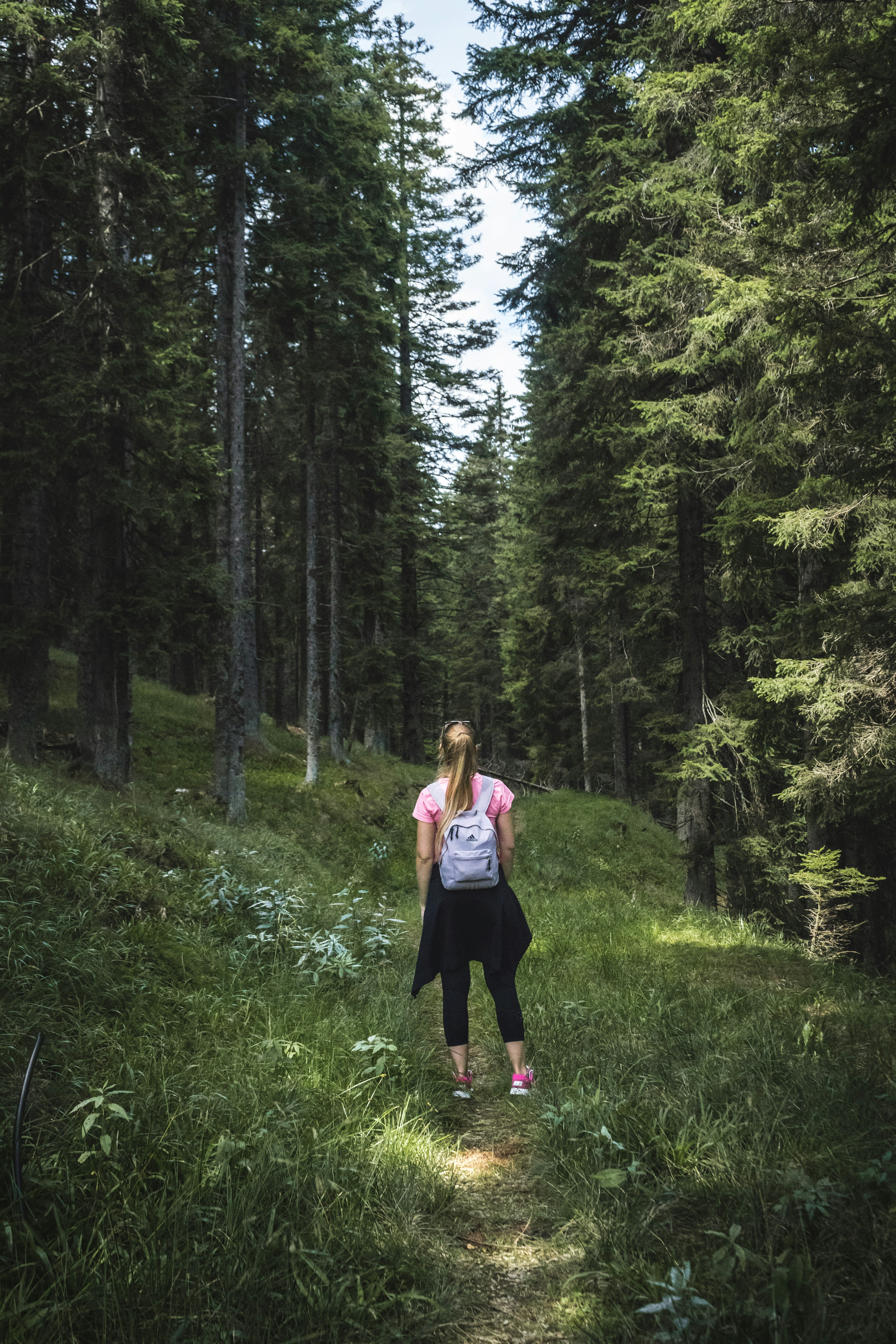 women in the woods hiking