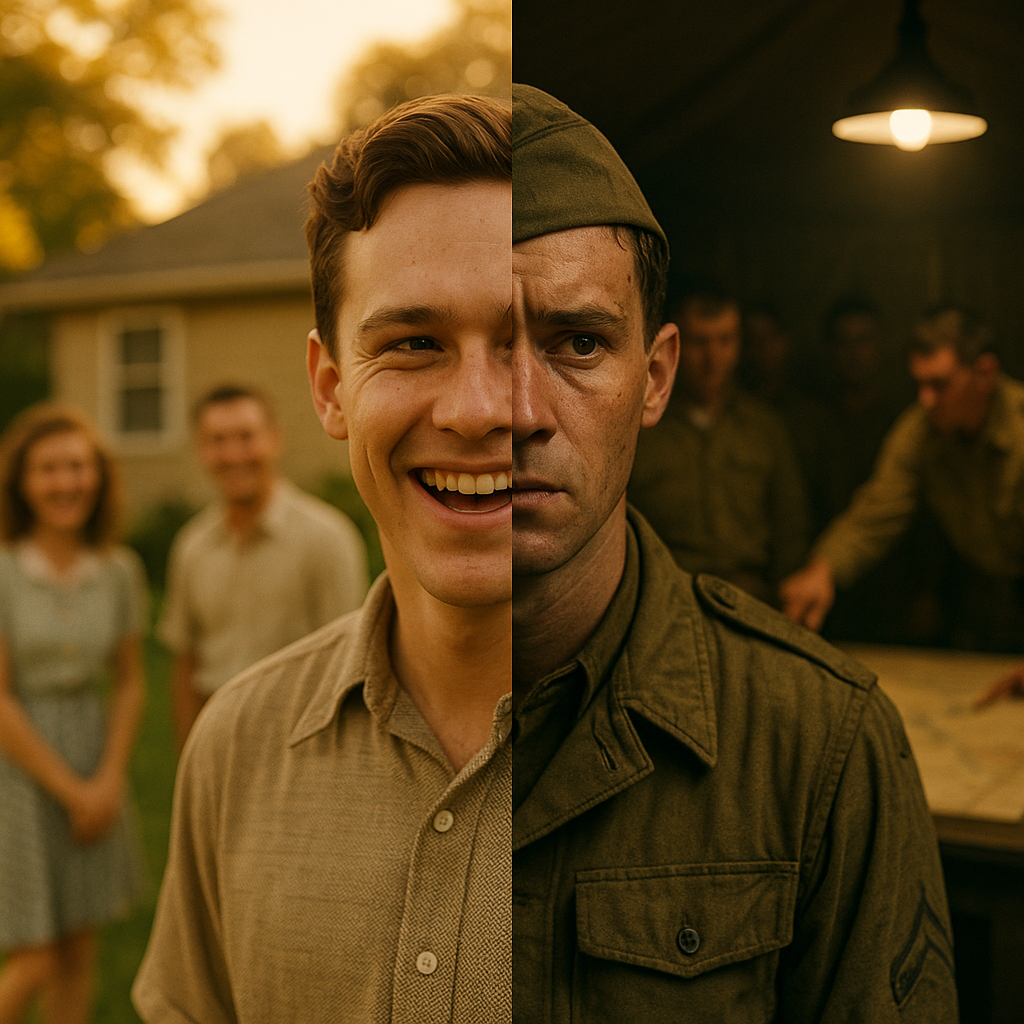 Backyard laughter contrasted with tense military briefing.