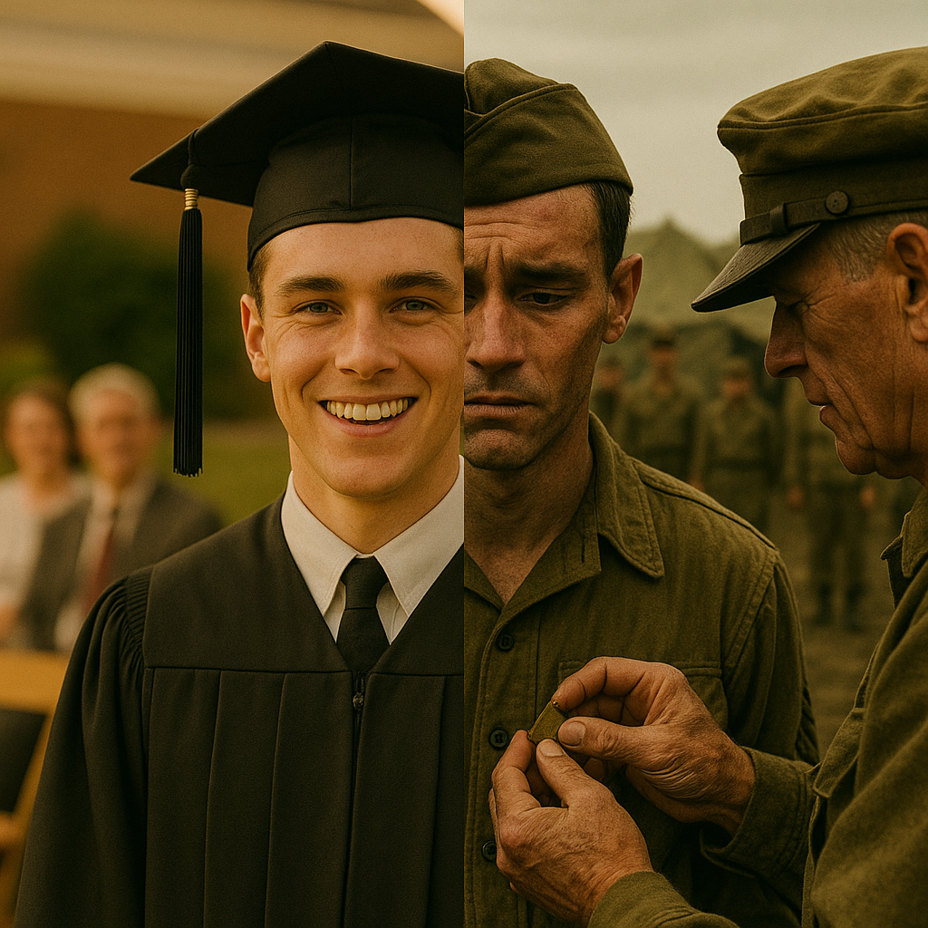 High school graduation contrasted with wartime promotion.
