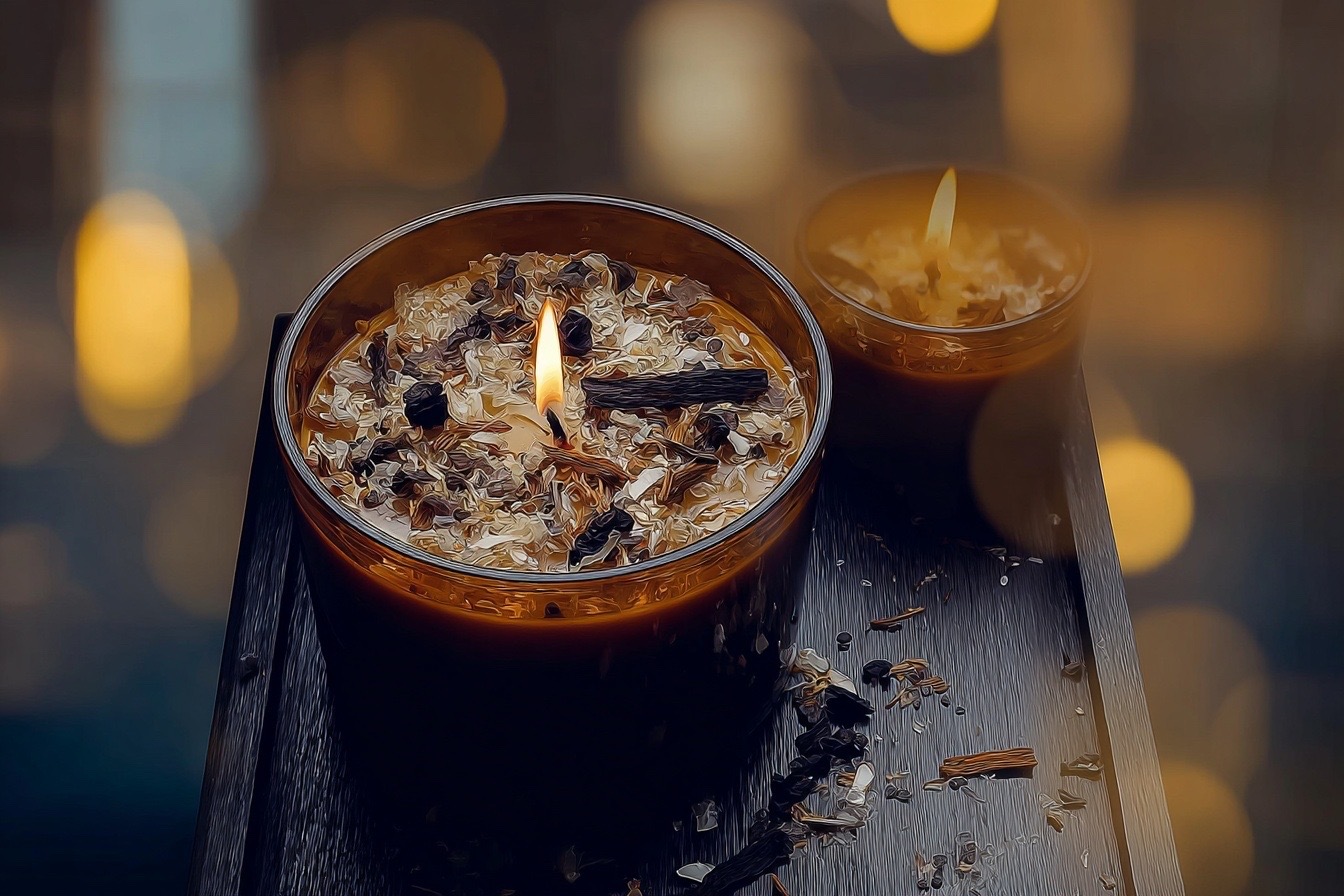 Two glowing candles with botanicals against warm bokeh lights.