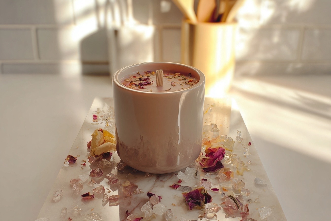 Sunlit kitchen scene featuring a candle with crystals and florals on a marble board.