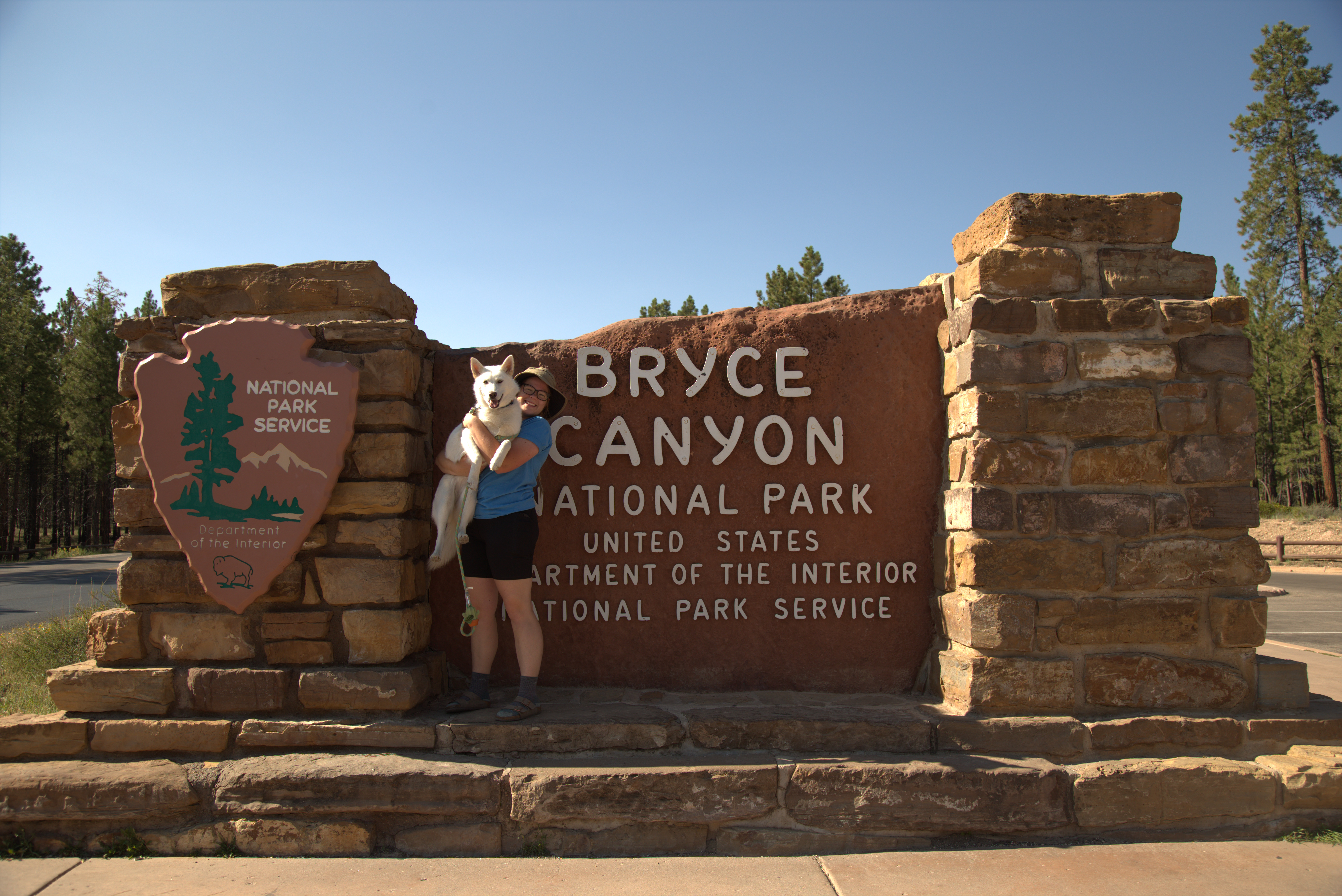 Zion, an all white husky, being held in front of the Bryce National Park sign.