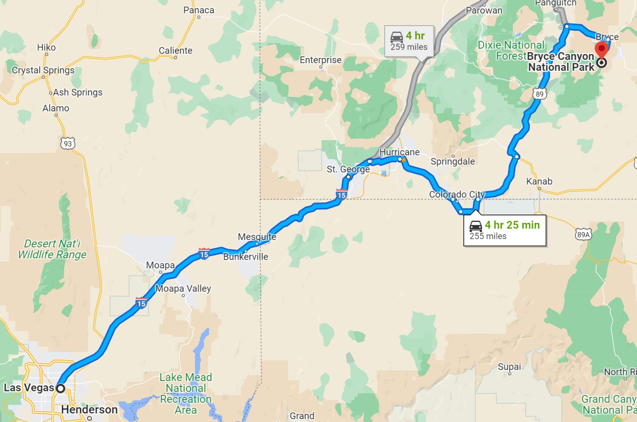 A map showing the route from Las Vegas to Bryce Canyon National Park.