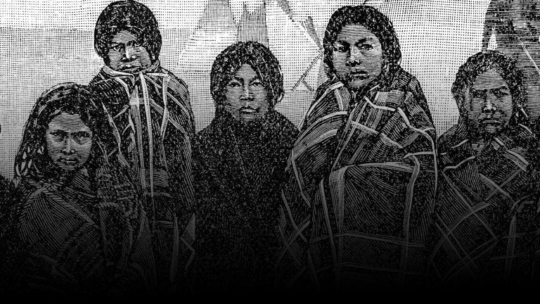 An image from History.com of a group of Native Americans seemingly sketched from pencil or ink.