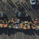 Birds eye view of food drive line with cars.