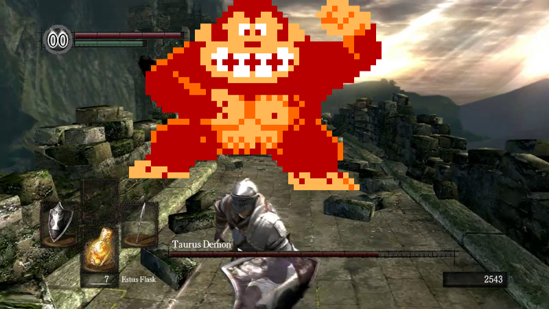 A photoshopped image of Donkey Kong taking the place of the infamous Taurus Demon from Dark Souls.