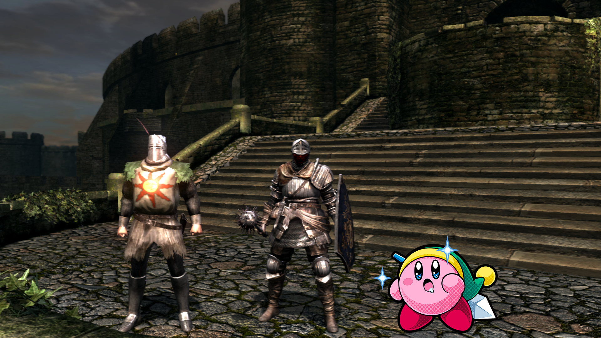 A photoshopped image of the player character in Dark Souls standing next to the NPC Solair, Kirby is standing to their right, admiring the sun. If only he could be so grossly incandescent.