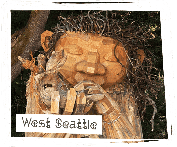 Bruun Idun, a captivating troll sculpture by Thomas Dambo located in Lincoln Park, Seattle