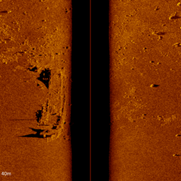 hazy submarine scan, impossible to make out anything but rough texture, bisected via a thick black line