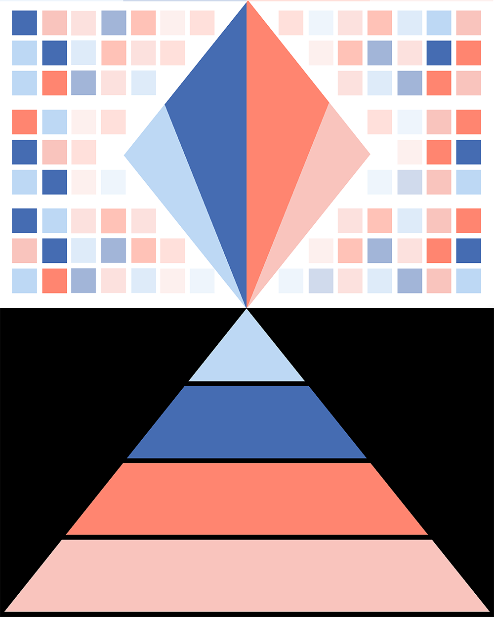 Blue and pink sysmetrical design. One the top white with squares and a diamond shape. The bottom black with a pyramid.