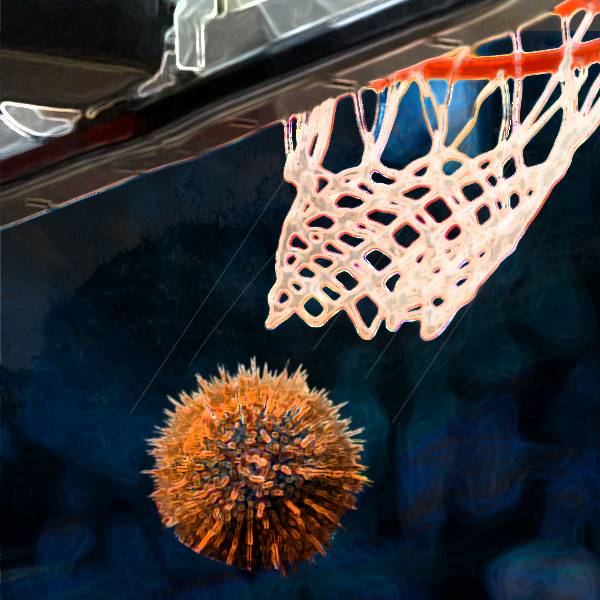 a basketball going through a hoop with a sea urchin instead of a basketball