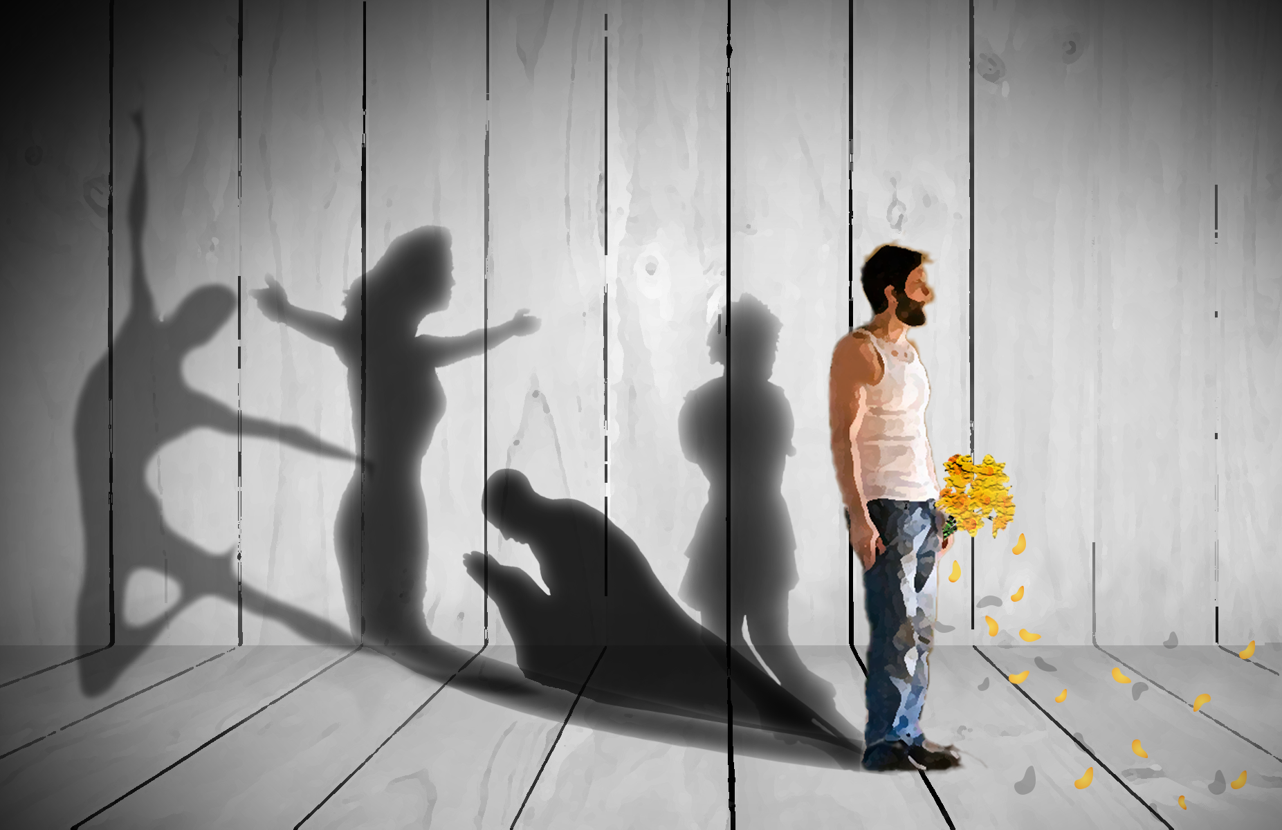 A man holding yellow flowers with 4 differently shaped shadows