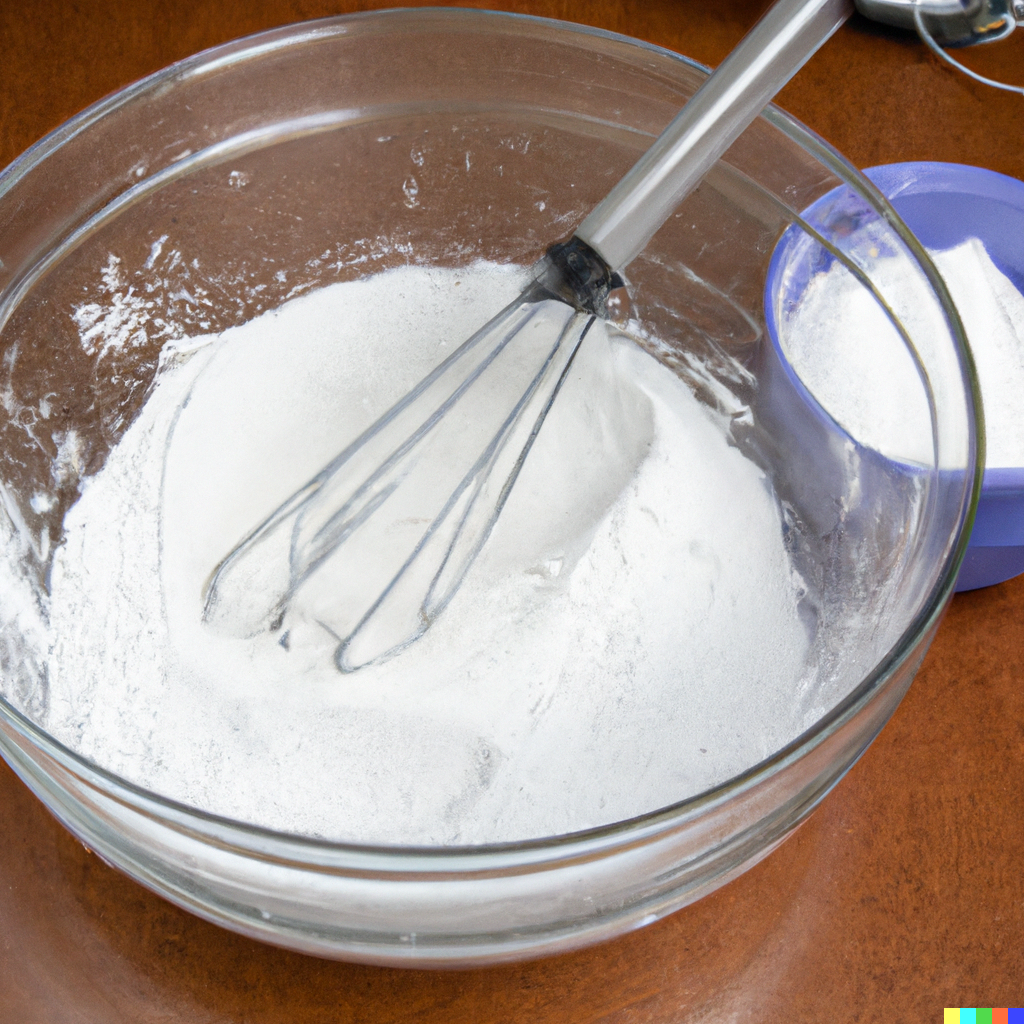 The dry ingredients of the recipe in a mixing bowl with a whisk