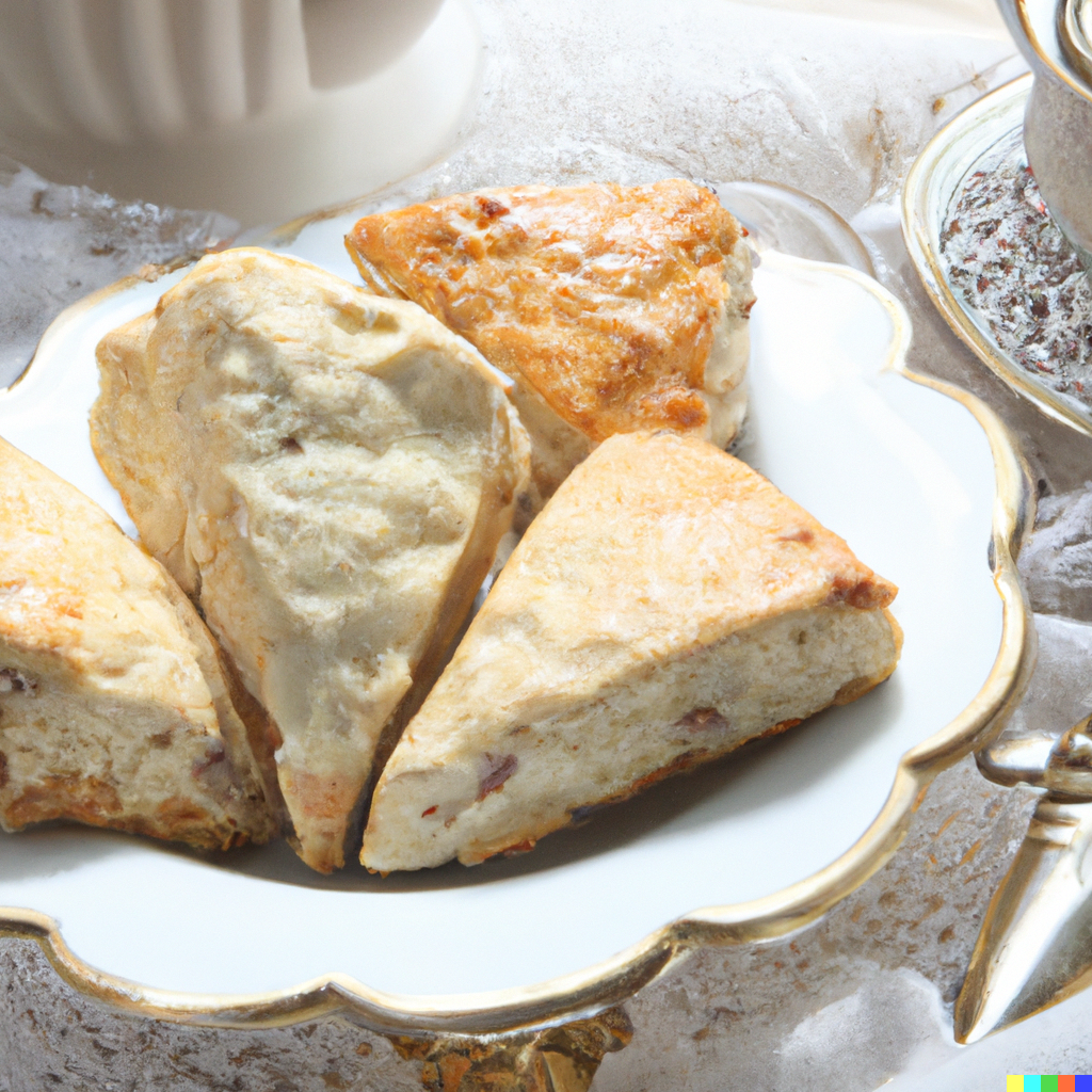 Almond Scones sitting in a glass dish on a decorated table