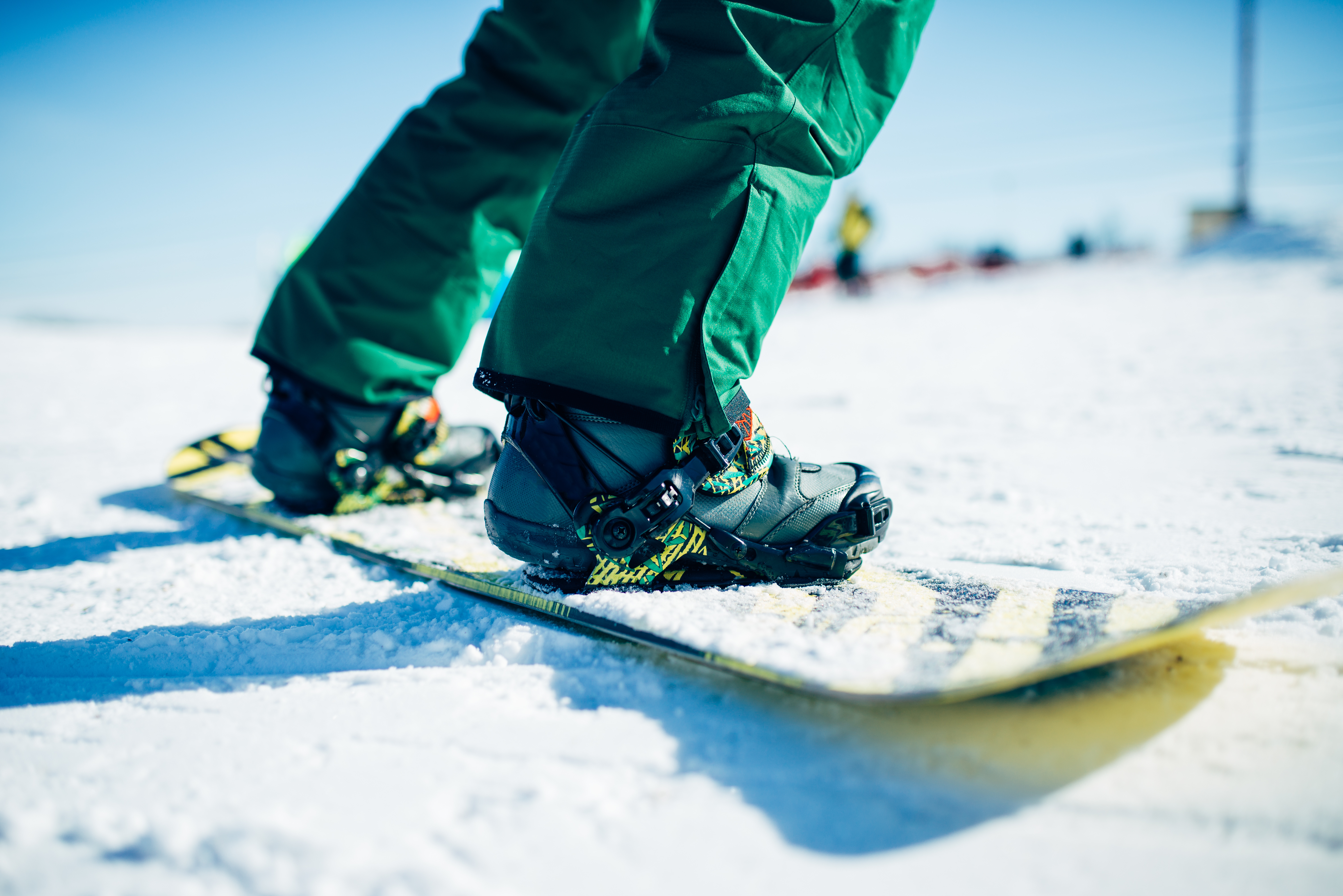 Snowboarders feet on board in snow