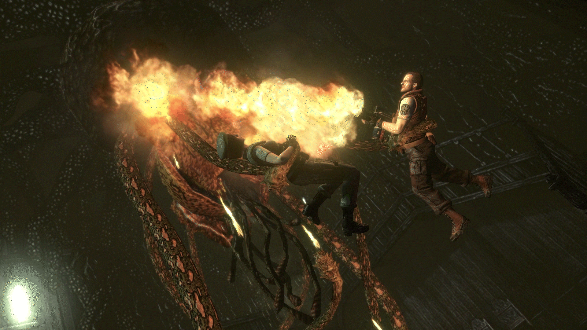 Barry killing the massive plant with a flamethrower