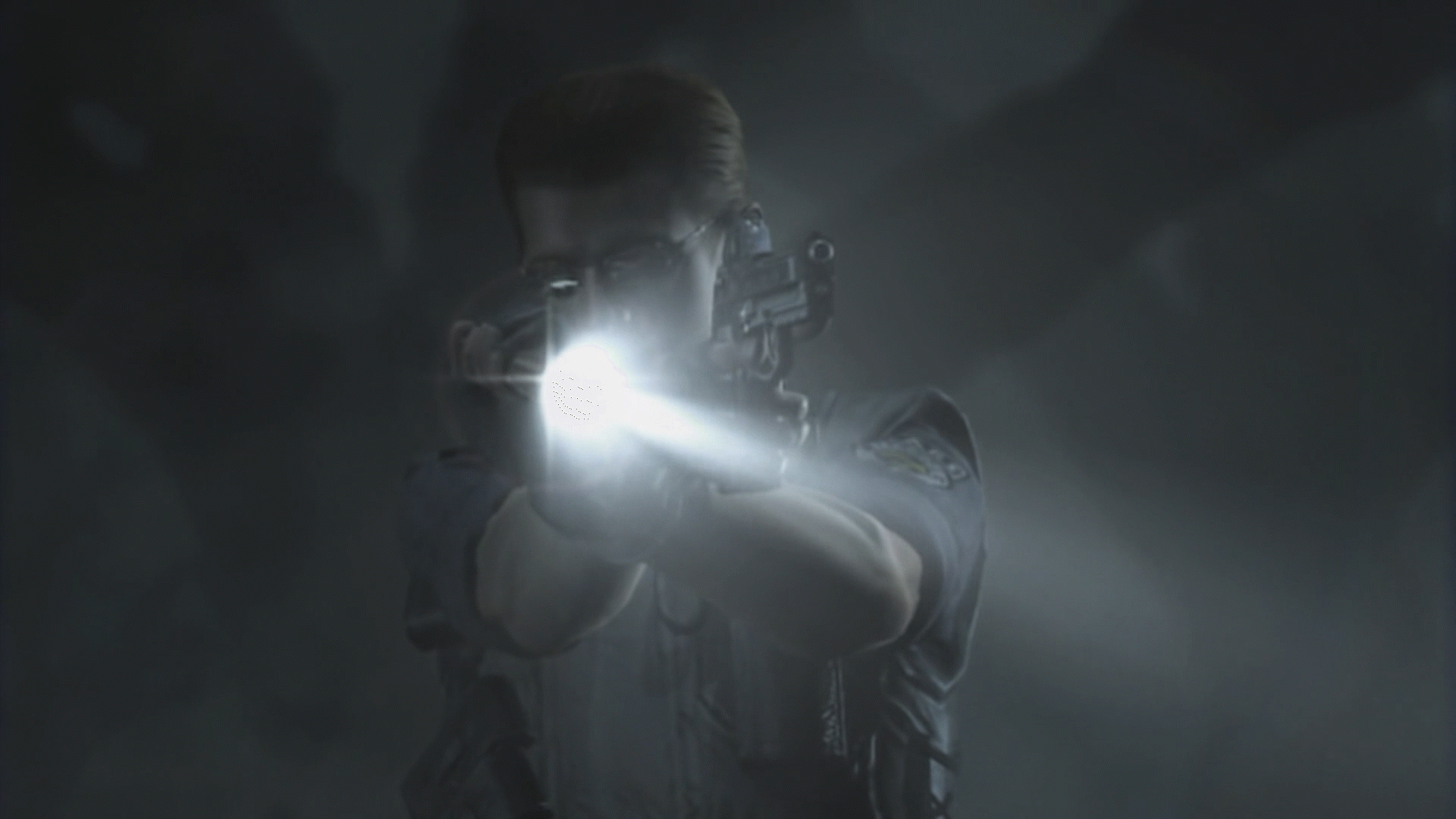 Wesker pointing gun at dogs