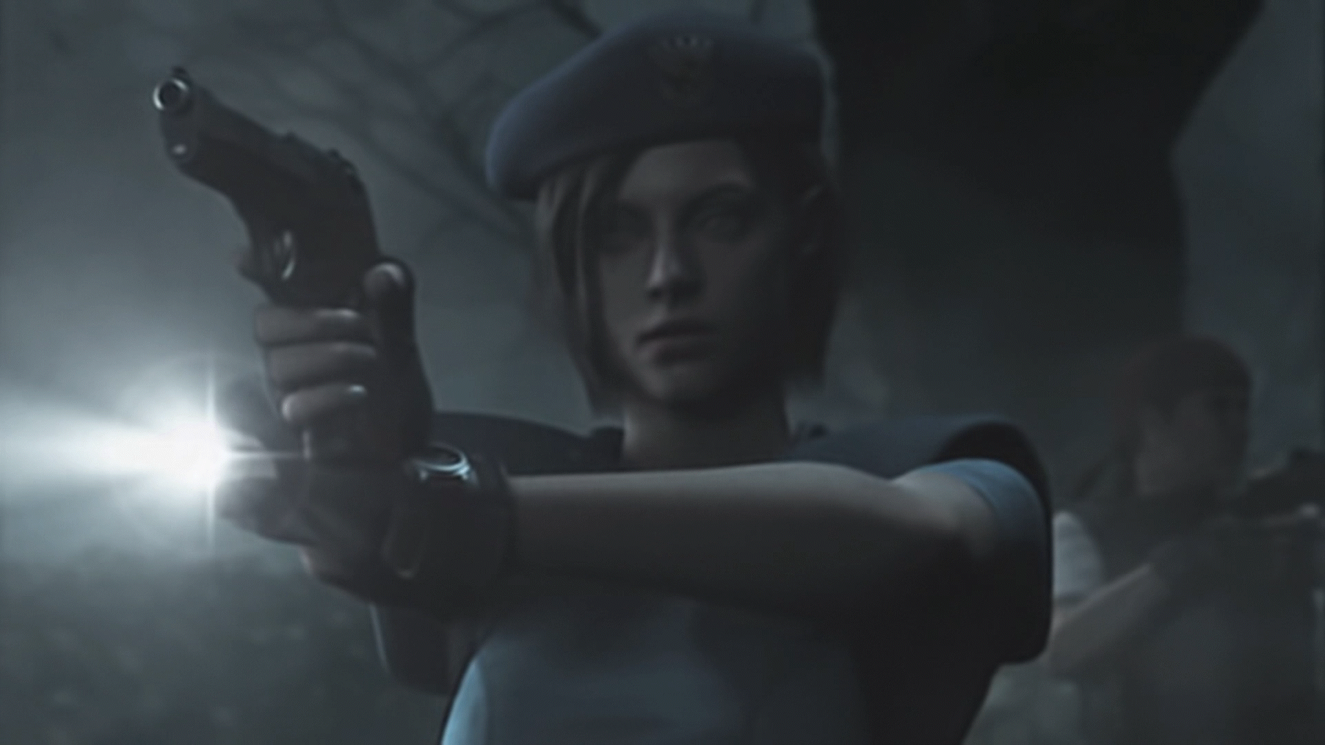Jill Valentine pointing gun at dogs