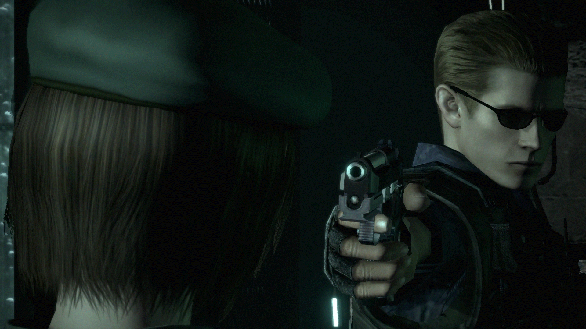 Wesker pointing gun at Jill